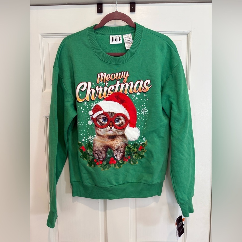 Meowy Christmas Green Kitten Christmas Sweatshirt IML - Picture 1 of 4